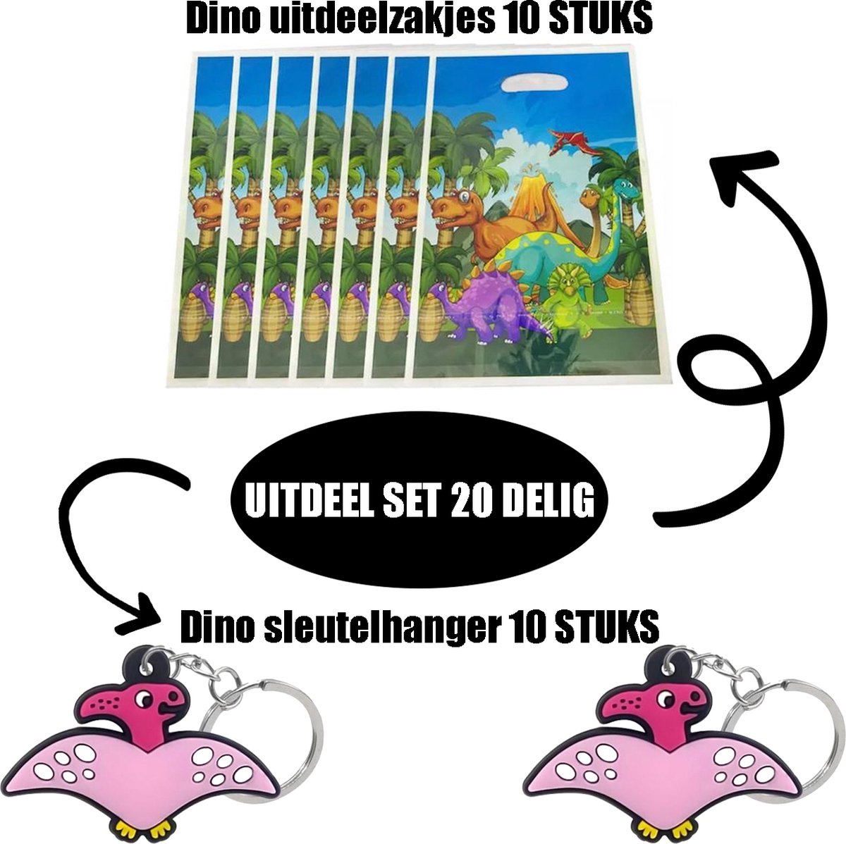 Akyol Uitdeelzakjes set Dinos| 20 stuks | Traktatie zakjes voor Uitdeelcadeautjes | sleutelhanger | Uitdeelzakjes Kinderfeestje | Kinderen | Cadeau | Verjaardag